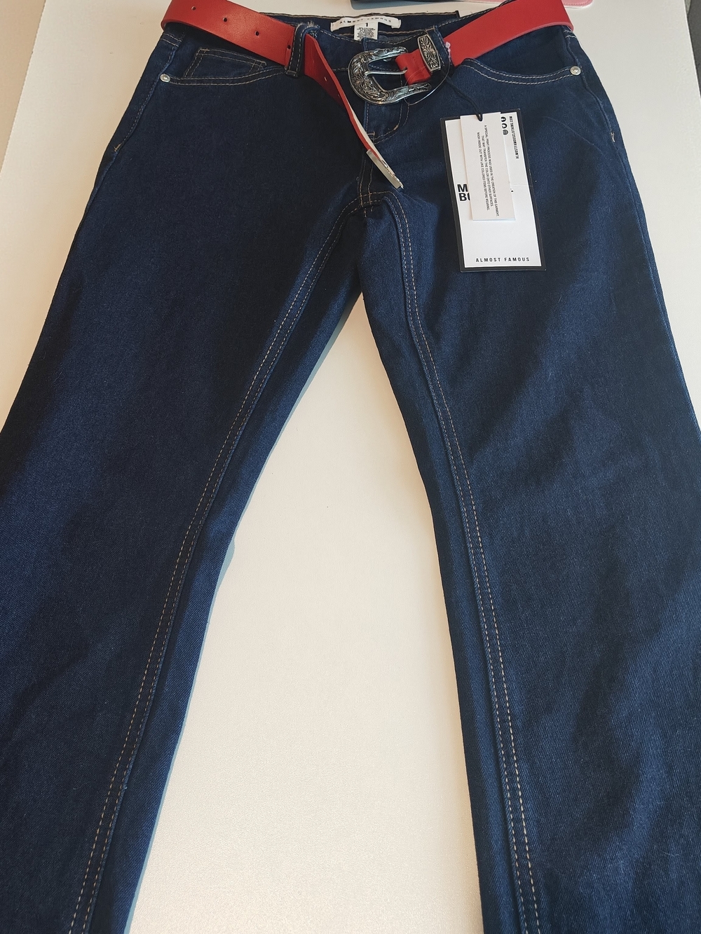 Almost Famous Navy Denim Jeans with Red Western-Style Belt